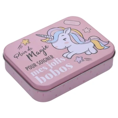 Imagen de Unicornio Tiritas infantiles con licencia 3piezas Doos metálicos 24 Atractiva caja de diseño para guardar niños adhesivas Mochila