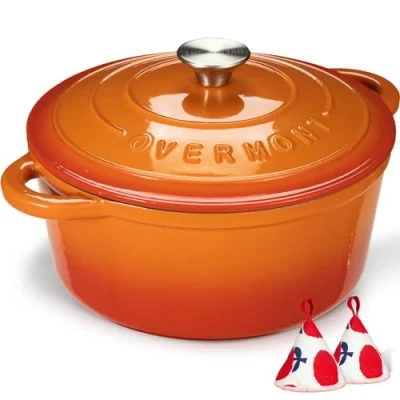 Imagen de Overmont Olla de Hierro Fundido Antiadherente Cacerola Holandesa Esmaltado con Tapa Ø28 CM Redonda para Cocinas Inducción Naranja