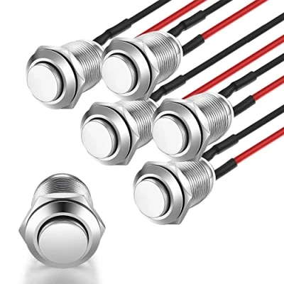 Imagen de Gebildet 5Pcs Pulsador a Prueba de Agua Botón Acero Inoxidable Momentáneo Encendido Apagado con Alambre 12mm 2A 12V/24V/125V/250V(Cabeza Alta)