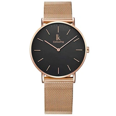 Imagen de Alienwork Reloj Hombre Mujer Oro Rosa Banda de Malla Metálica Negro Ultra Delgada