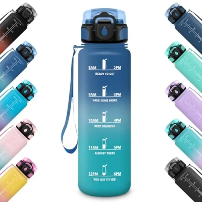 Imagen de HoneyHolly Botella Agua 1 Litro, Libre de BPA &amp; Prueba Fugas, Agua, con Pajita, Gimnasio, Marcador Tiempo, Cantimplora para Sport, Bicicleta, Escuela