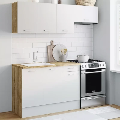 Imagen de IDMarket Cocina completa 180 cm SUBTIL con encimera 5 elementos madera y blanco