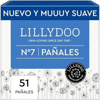 Imagen de Pañales LILLYDOO delicados con la piel talla 7 (15+ kg), caja de medio mes (51 unidades), protección contra fugas, suaves, sin perfumes ni lociones y dermatológicamente probados