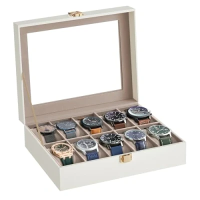 Imagen de SONGMICS Caja de Relojes con 10 Compartimentos, Estuche Tapa Cristal, Cojín Extraíble, Cierre Metálico, Regalo, Cuero Sintético Blanco Nube y Forro Beige Capuchino JWB010W01