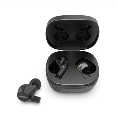 Imagen de Belkin True Wireless SoundForm Rise Auriculares con Bluetooth 5.2 y Carga inalámbrica, certificación IPX5 de Resistencia al Agua el Sudor, Bajos potentes, Color Negro