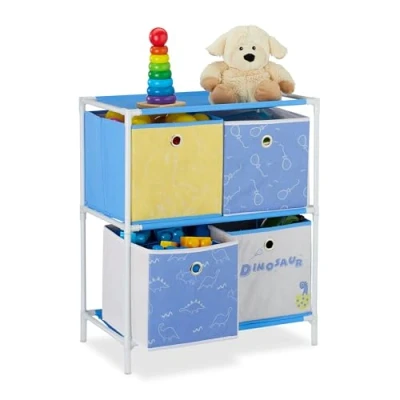 Imagen de Relaxdays Estantería Infantil con Cuatro Cajas, Almacenaje de Juguetes, Unisex, 62x53x30 cm, Dinosaurios, Multicolor, Hierro