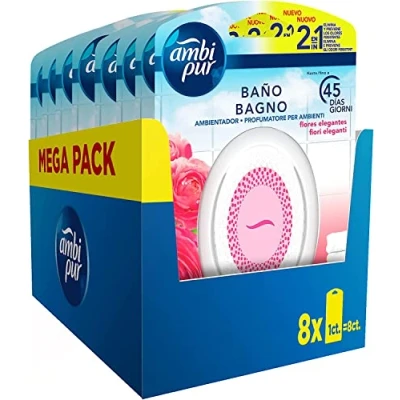 Imagen de Ambipur Ambientador Casa para Baño (8 x 45 días), Elimina y Previene los Malos Olores, Fragancia Flores Elegantes, Mega Pack