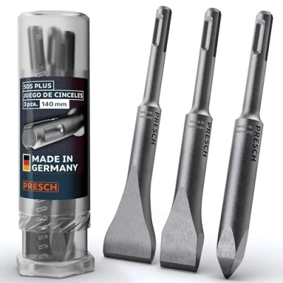 Imagen de Presch SDS plus Juego de Cinceles 3 pzs. compuesto por cincel plano, ancho y puntiagudo Puntas extremadamente robustas duraderas (longitud 140 mm) para golpes potentes