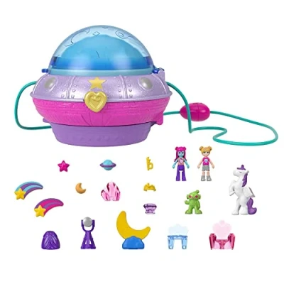 Imagen de Polly Pocket Double Play Estuche de Espacio Cofre Bolso 2 en 1 con Forma Nave Espacial muñecas y Accesorios, Juguete +4 años (Mattel HCG25)