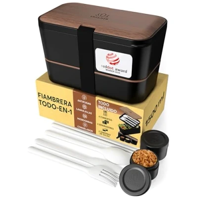 Imagen de Umami Fiambrera Para Comida De Trabajo, Bento Lunch Box, Apilable, Con 4 Compartimentos, Cubiertos, Botes Salsa, Caja Almuerzo, Apta Microondas, Porta Alimentos 100% Hermética