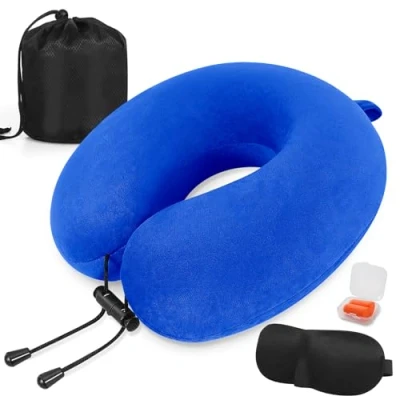 Imagen de Almohada de Viaje para Cuello, Viscoelástica Espuma, Cervical Oficina Avión Tren Coche Viajando, Cojin Cuello con Máscara Ojos, Tapones y Bolsa (Azul)