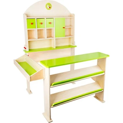 Imagen de Small Foot 10587 Estantería de Madera con Varias Puertas Asas para Todos los artículos la Tienda Juegos, Incluye un Compartimento Almacenamiento como Contador Ventas