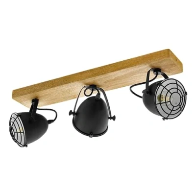Imagen de Eglo lámpara de techo Gatebeck, 3 luces estilo vintage, industrial, retro, foco acero negro y madera natural, dormitorio, bombilla E14, certificado FSC