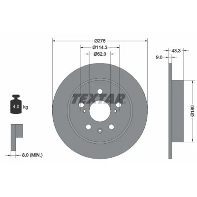 Imagen de TEXTAR PRO 92225303 Disco de freno 278 9 05/08 114,3 macizo revestido sin perno sujeción rueda, buje rueda SUZUKI: SX4 I Hatchback