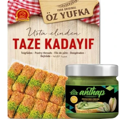Imagen de Kadaifi Pastry Threads Fresh Kadayif Postre de estilo turco para usar el famoso chocolate Dubai Kataifi 400 gramos crema pistacho 30% 200 g