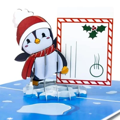 Imagen de LIMAH® tarjeta de felicitación en 3D, divertida navideña, pingüino con sobre, color azul, grande, purpurina, especial el sobre se puede rellenar.