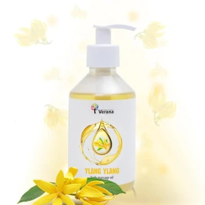 Imagen de Verana Aceite de masaje corporal Ylang Ylang, cosmética natural para todos los tipos piel, efecto revitalizante e hidratante, mejora la sensación confianza, aromaterapia (250ml)