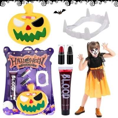 Imagen de Maquillaje Halloween Kit Niños,dientes vampiro niño,maquillaje niños,Sangre Falsa, Dientes de Vampiro, para Halloween,Pinturas Cara Niños,para Carnaval(A)