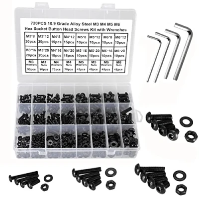 Imagen de FandWay 720 Piezas Tornillos de Cabeza Hexagonal M3 M4 M5 M6 Botón con Hexágono Interio Negro Carbono Acero 10.9, Máquina, Tuercas y Arandelas 4 llaves Allen.