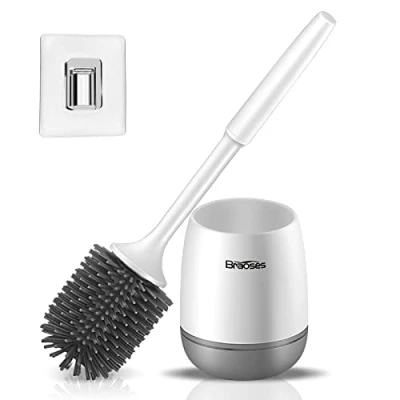 Imagen de Escobillas WC, Braoses Escobilla de Baño Silicona, y Portaescobillas Silicona con Secado Rápido, Cepillo Soporte para Inodoro Montaje en Pared/Suelo (Blanco Gris)