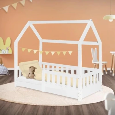 Imagen de ML Design Cama Infantil 70x140cm con Reja Protectora Techo y Somier Estructura Listones de Madera Pino Maciza Color Blanco Diseño Creativo Mueble Dormitorio Mobiliario Casa para Niños
