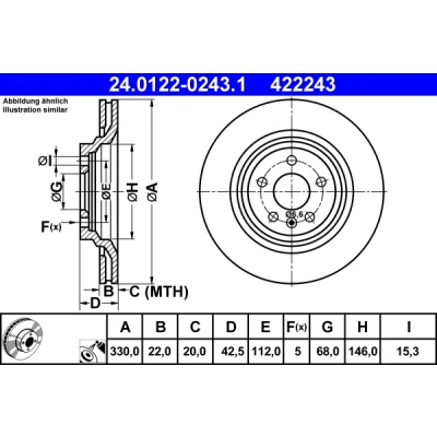 Imagen de ATE 24.0122 0243.1 Disco de freno 330,0 22,0 5 112,0 ventilado revestido altamente carbonizado AUDI: A6 C6 Berlina, Avant, Allroad