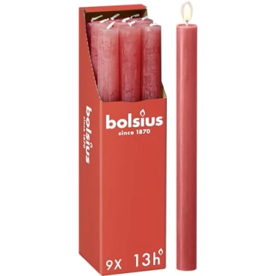 Imagen de Bolsius Velas rústicas Rosa 9 unidades 27 x 2,3 cm Duración de combustión 13 horas Sin perfume Cera vegetal natural aceite palma Valentin