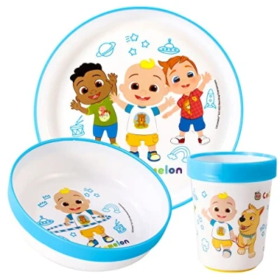 Imagen de Cocomelon Juego de 3 vajillas reutilizables bicolor prémium para niños, plato y vaso, sin BPA