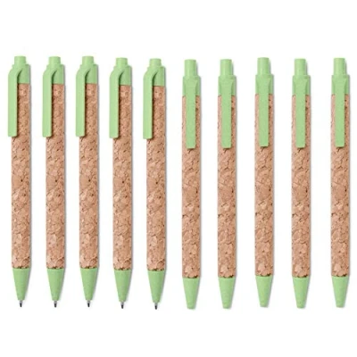 Imagen de N.10 bolígrafos de corcho real y componentes fibra paja, recarga azul, verde ecológico duradero (Verde)