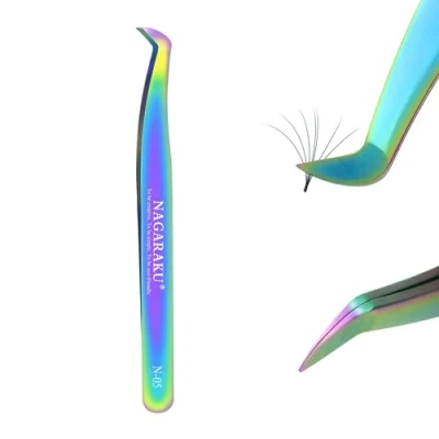 Imagen de NAGARAKU Pinzas para extensiones de pestañas Color, ángulo, curvo, volumen, fácil abanico, acero inoxidable, duradero, profesional (N 05)