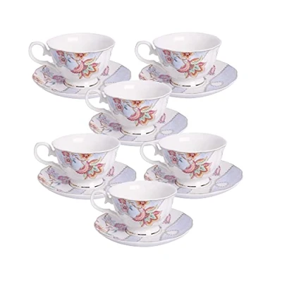 Imagen de fanquare Juego de 6 Tazas Café Florales, Porcelana para Capuchino con Platillos, Taza Té Cumpleaños, Bodas y Fiestas, Morado(150 ml)