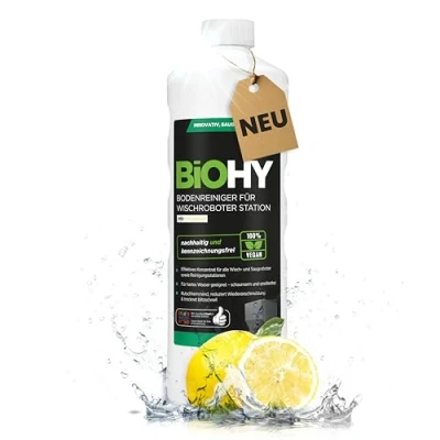 Imagen de BiOHY Limpiador de suelos para robot limpieza con aroma fresco (botella 1 l), concentrado todos los robots función húmeda, sin espuma y rayas,