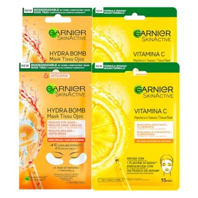 Imagen de Garnier SkinActive Hydra Bomb máscara de ojos contra las ojeras con zumo naranja y ácido hialurónico efecto hielo, 4 parches + vitamina C, facial tejido hidratante iluminador, 2
