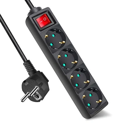 Imagen de EXTRASTAR Regleta con 4 Enchufes e Interruptor, Cable 3M, para el hogar, Oficina y Viajes, MAX 3680W, 16A, 250V, Negro, 1pc