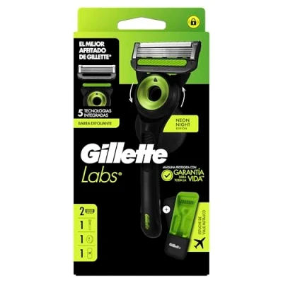 Imagen de Gillette Labs Maquinilla De Afeitar Con Barra Exfoliante Neon Night Edition, 1 Mango, 2 Recambios, Colgador Pared, Estuche Viaje