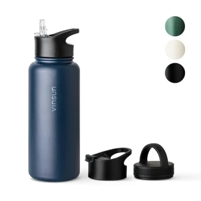 Imagen de Vinsun Botella Agua Acero Inoxidable 1L Termica con Pajita (3 Tapas) sin BPA, Doble Pared, Prueba de Fugas Cantimplora para Deporte, Oficina, Viaje