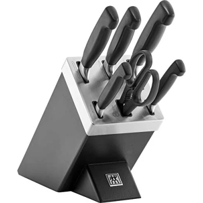 Imagen de ZWILLING Bloque de cuchillos autoafilables cuatro estrellas, 7 piezas, cuchillo y tijeras acero inoxidable especial/mango plástico, color negro [Fabricado en Alemania]