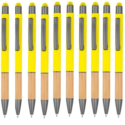 Imagen de noTrash2003 10 bolígrafos ergonómicos con punta de metal y zona agarre bambú función táctil, colores, bolígrafo tinta azul (amarillo)
