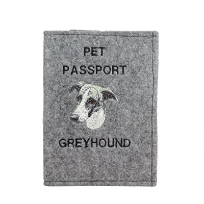 Imagen de Art Dog Funda para Pasaporte Perros de Fieltro Hecha a Mano con Patrón Bordado Viaje Mascotas 17x12,5cm Greyhound