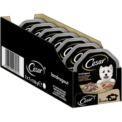 Imagen de Cesar Comida para Perros, pienso húmedo de Pavo y Ternera a la Manera Tradicional, Pack 7 Unidades (Cada Unidad con 2 tarrinas 150 g)