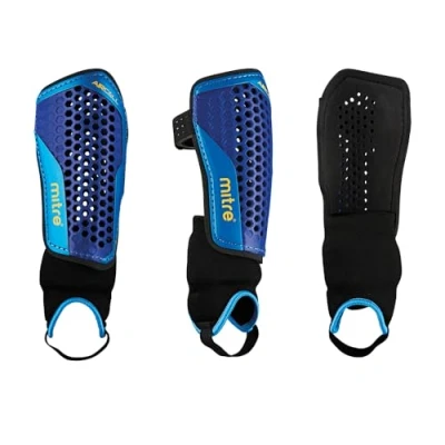 Imagen de Mitre Aircell Espinilleras de fútbol con tobillera, transpirables, ligeras, talla XS, negro/azul/amarillo