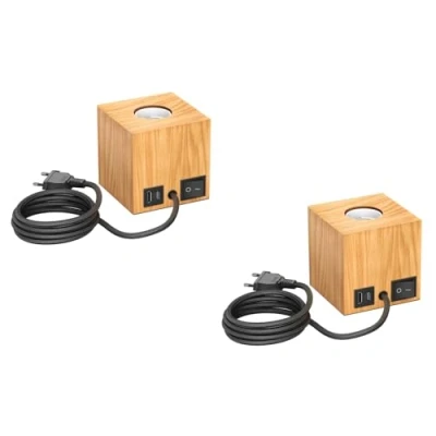 Imagen de ledscom.de 2 piezas Lámpara de mesa HITO, interruptor, USB, madera auténtica (árbol caucho), cuadrada, marrón claro, 1x E27 máx. 60W