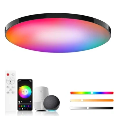 Imagen de Birnetek® Lampara Techo LED 30W, Plafon RGB Redondo Regulable, 2700K 6500K, 2200LM, Compatible con Alexa, Control APP, Mando a Distancia, para Dormitorio, Salon, Cocina, Negro