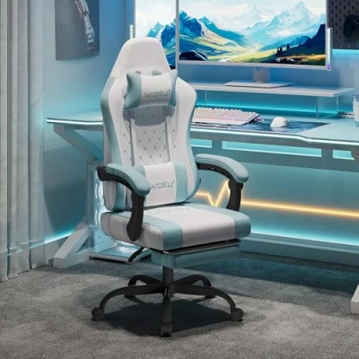 Imagen de WOLTU Silla Gaming Ergonómica, Oficina con Soporte Lumbar Masaje y Reposapiés Extraible, Giratoria Gran Asiento de Muelle, Capacidad 150 kg, Tela Malla Blanco+Azul,GS15bws