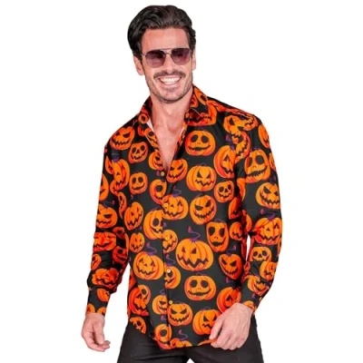 Imagen de W WIDMANN MILANO Party Fashion Camisa Calabaza Hombre, negra con caras de calabaza, brilla bajo la luz UV, disfraz Halloween