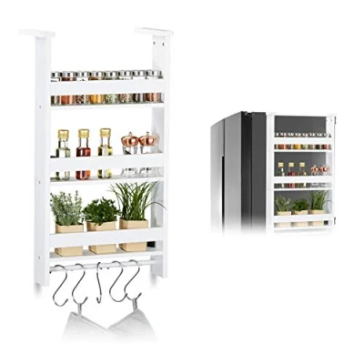 Imagen de Relaxdays Estantería de Nevera, Especiero, Mueble Cocina, Cinco Ganchos, MDF, 74x42x20 cm, 1 Ud, Blanco, Tablero Fibras