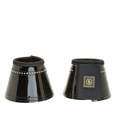 Imagen de BR Glamour Lacquer Campanas de saltar para caballos color blanco con forro neopreno grueso, brillante piel lacada, piedras estrás, doble cierre velcro, Negro , medium