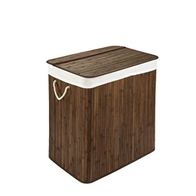 Imagen de Cesto para la colada con tapa y compartimento estable bambú marrón bolsa de lavandería lavable 100% 72 litros