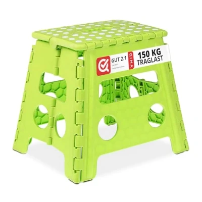 Imagen de Relaxdays Taburete Plegable, Antideslizante, Resiste hasta 120 kg, Asa Transporte, Banca Infantil 32,5x37x30 cm, Verde