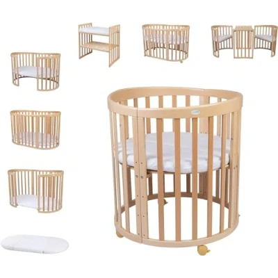 Imagen de Waldin Cuna Ovalada 7en1 con colchón y Ruedas Cambiador de Crecimiento Cama para bebé colecho Madera